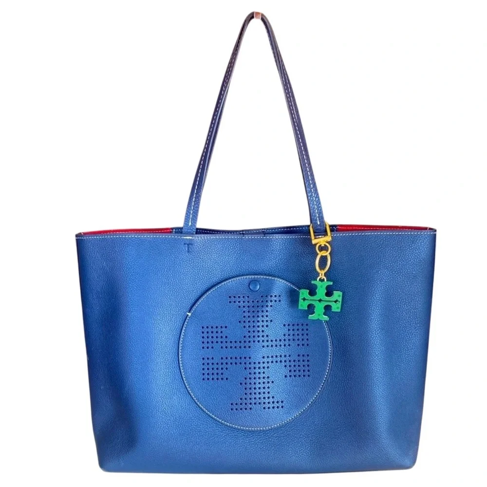TORY BURCH Navy Blue Leather Perforated Logo Tote, Authentic. EUC